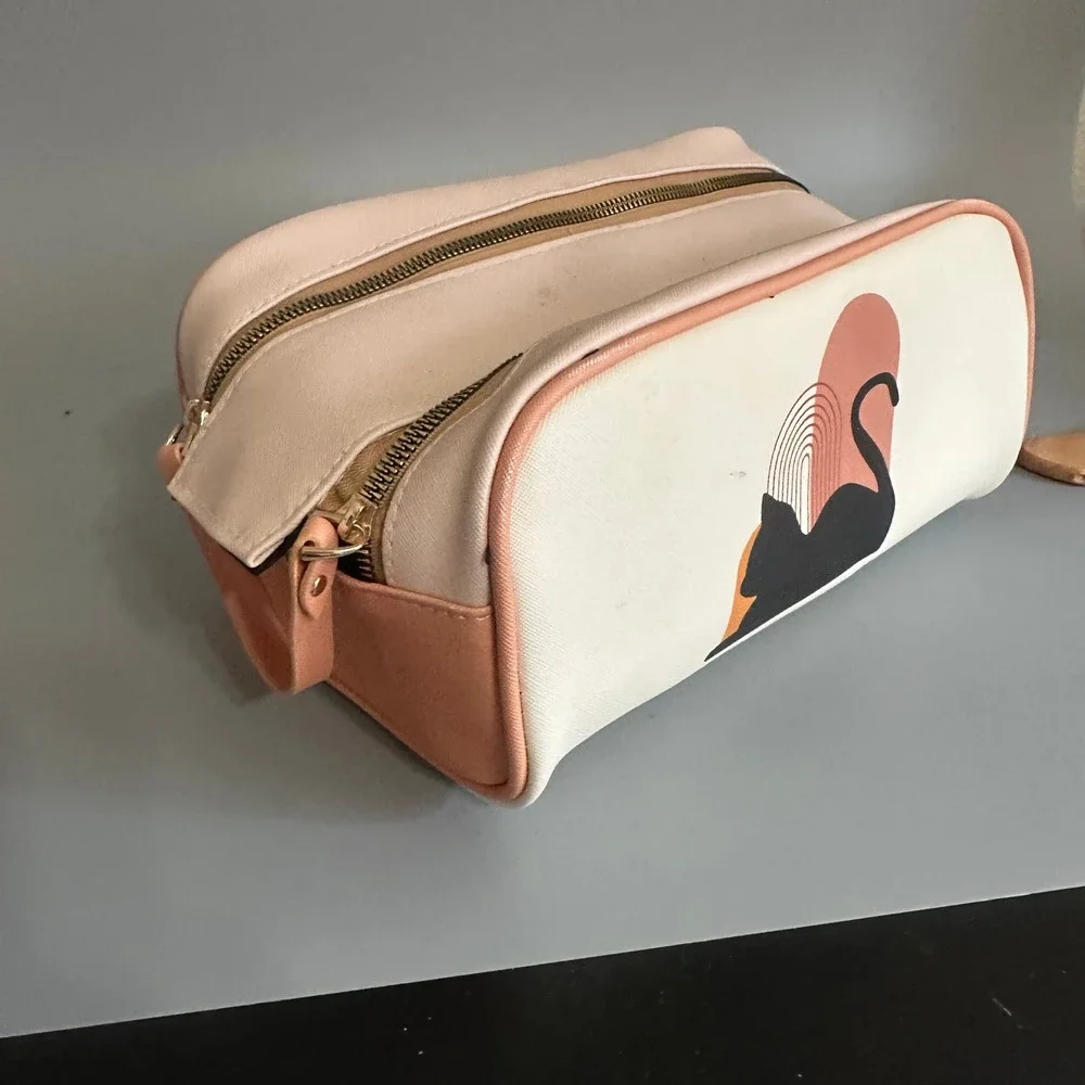 Boho Black Cat Cosmetic Bag Travel Makeup Case Pink Cream Faux Leather Organizer